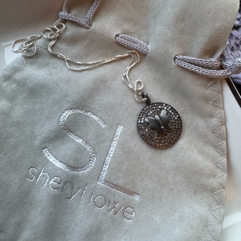 Amazing .925 silver oxidized butterfly diamond pendant necklace by Sheryl Lowe.
